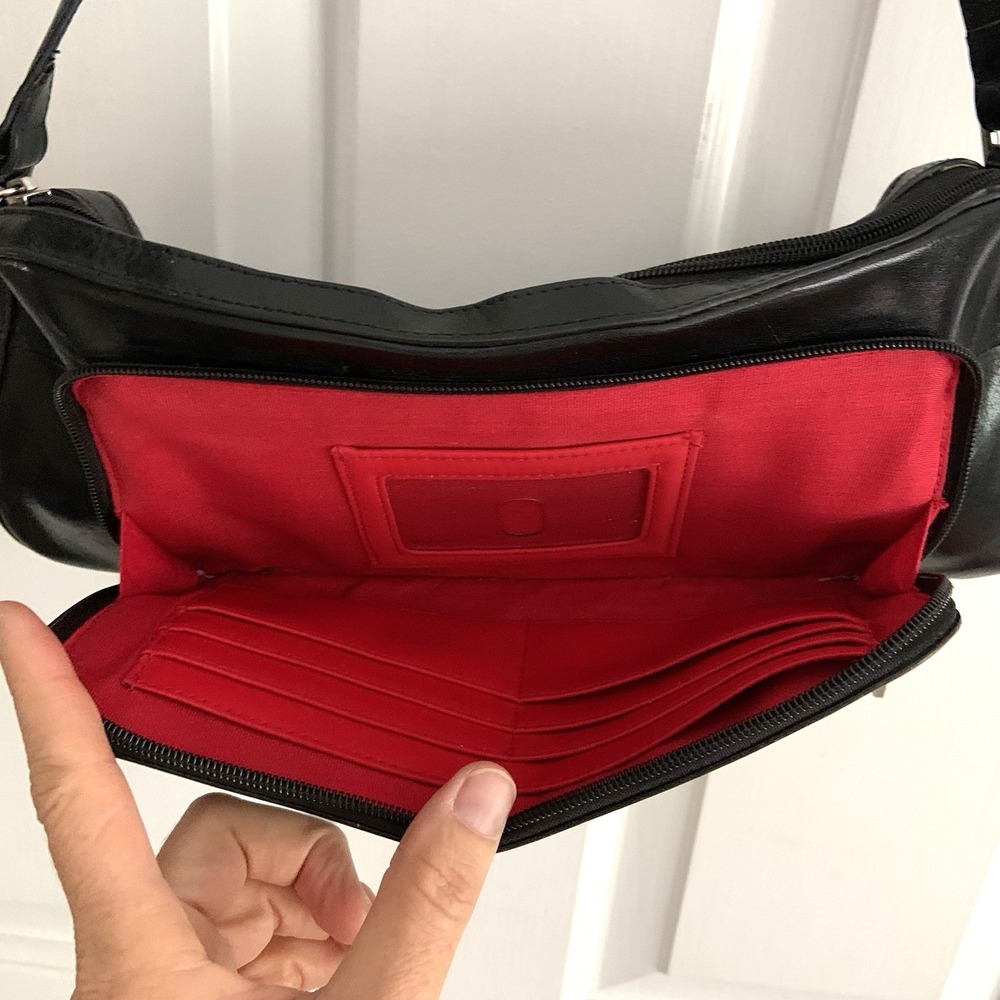 HOBO International Patent Leather Small Y2K Black Shoulder Bag w RED Lining